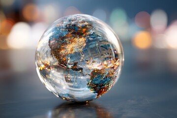 Glowing glass Earth with detailed continents and reflections