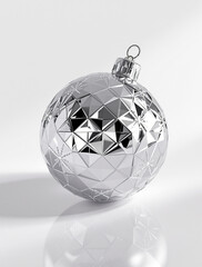 A modern silver Christmas tree ornament with a geometric faceted design reflecting on a pristine white surface, isolated for festive holiday concepts