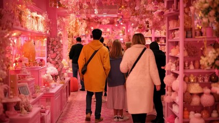 Bright and cheerful moment in a pink flower shop filled with people exploring colorful decor and floral arrangements in an urban setting