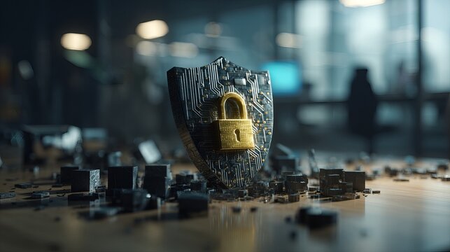 Cybersecurity shield with padlock protecting digital data, a symbol of modern technology safety and network security in a sophisticated tech environment - Powered by Adobe