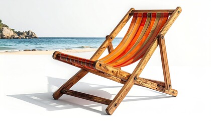 Folding beach chair, striped orange, light brown wood. Coastal scene