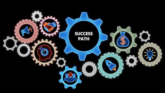 Business success path gears concept with icons for teamwork idea money growth and strategy on black background animated motion graphics