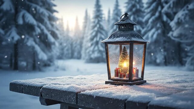 video of a christmas candlelight lantern decoration on snowy winter landscape with snow flakes falling during winter time on christmas eve