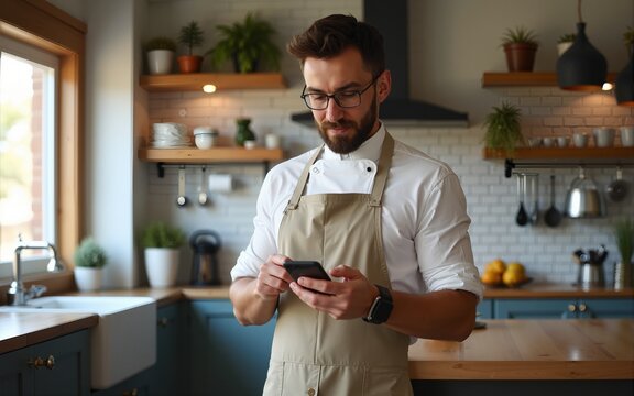 Focused looking man in apron browsing smartphone in daylight in modern kitchen. High quality - Powered by Adobe