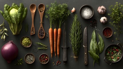 Frische Kräuter und Gemüse für gesundes Kochen in natürlicher Anordnung
