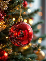 Festive Red Ornament Adorning a Christmas Tree, Celebrating the Holiday Season