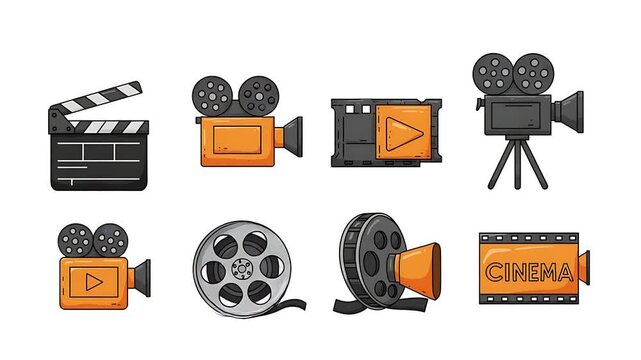 Animated Cinema Elements Collection Showcasing Vintage Camera, Film Reel and Clapperboard Icons