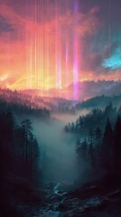 Misty forest sunrise with light trails