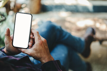 Mobile phone blank white screen mockup.texting using cell phone.background empty space for advertise.work people contact marketing business,technology