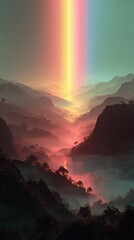Colorful rainbow over misty mountains