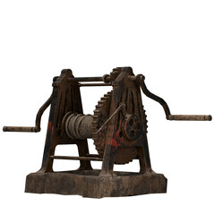 Vintage rusty manual iron winch with crank handle