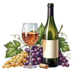 Wine bottle and glass with red and white grapes, leaves, and cork isolated on transparent background