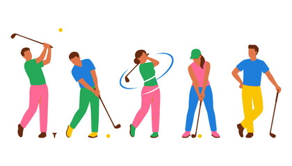 Diverse group of golfers with clubs and balls male and female players depicted in various stances with colorful attire against a white background golf action sport