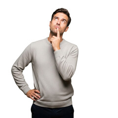 Young man thinking with finger on chin, looking up, isolated on transparent background