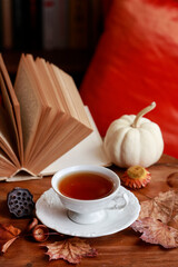 Cup of tea, book and bowl of speculaas biscuits in the background.