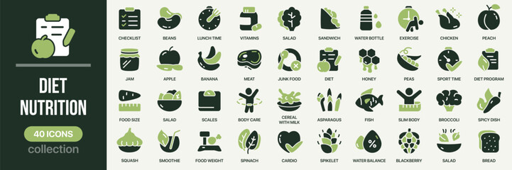 Diet and nutrition fill icon collection. Includes healthy food, fruits, vegetables, fitness, and balanced eating icons. Created in colored style with green palette