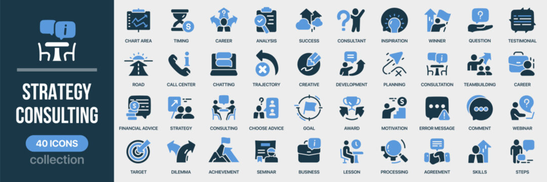 Strategy and consulting fill icon collection. Set of business, advice, analysis, goal, motivation, and seminar icons. Created in colored style with blue palette