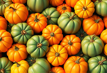 a large and colorful pile of pumpkins in orange and green hues, colorful autumn vegetables harvest decorative background