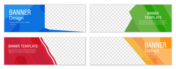Bright banner templates create a clean modern layout with colorful shapes. Each design shows soft gradients and generous space for text