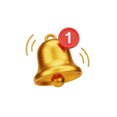 Golden ringing notification bell with number one, isolated on transparent background
