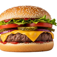 Tasty cheeseburger with fresh ingredients, isolated on transparent background