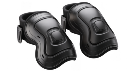 Pair of futuristic dark gray knee pads with textured surfaces and straps isolated on a transparent background