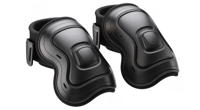 Pair of futuristic dark gray knee pads with textured surfaces and straps isolated on a transparent background - Powered by Adobe