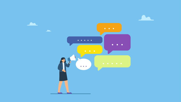 Businesswoman talk on megaphone with speech bubble voice message. Speak out, voice or message to communicate, dialogue or debate conversation, talk or shout message, advice or announcement.