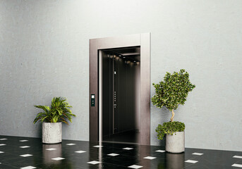 3D render of elevator doors with clean metallic finish and modern architectural design.