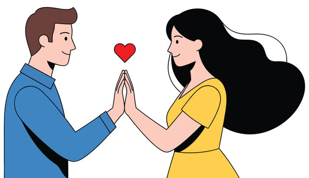 Romantic couple reaching for love with a heart overhead symbolizing connection and lifelong commitment