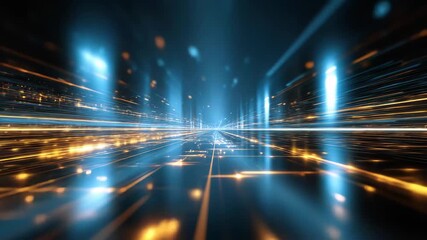 Vibrant blue and gold light streaks representing digital speed and technology in a futuristic cityscape - Powered by Adobe