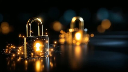 Orange padlock icons on dark background, defocused security elements, data protection concept, cybersecurity visualization, information safety system, digital lock technology, with - Powered by Adobe