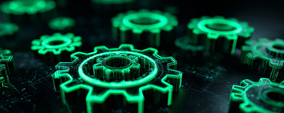 Glowing green gear icon representing innovative configuration settings in futuristic digital technology concept with neon light effects on dark background - Powered by Adobe