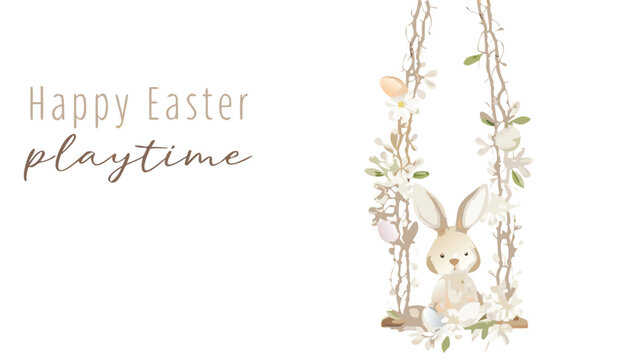 Charming illustration of a cute bunny on a swing decorated with flowers and easter eggs accompanied by the text happy easter playtime perfect for spring celebrations and children s themes
