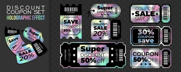 A set of discount coupons for holiday, seasonal and other sales with a holographic gradient effect. Gift certificates with a bright Y2k-style design.