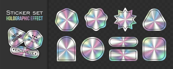 A set of realistic stickers with a holographic gradient effect, water protective pattern, with copy space. Product label with warranty.