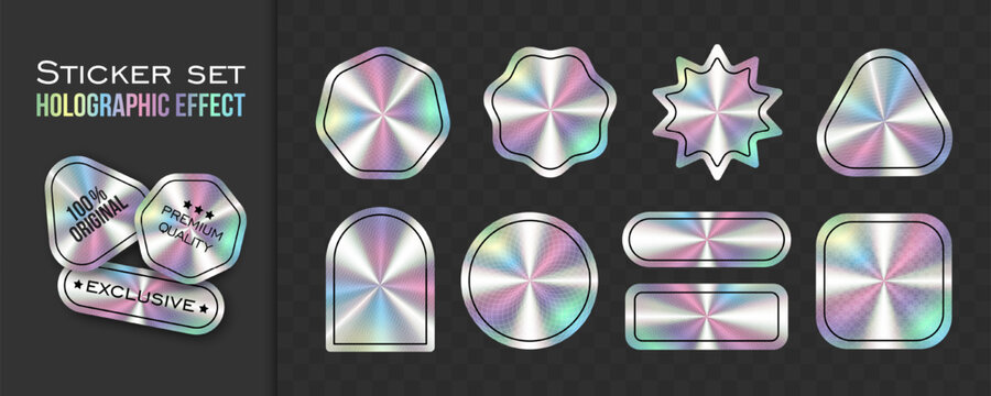A set of realistic stickers with a holographic gradient effect, water protective pattern, with copy space. Product label with warranty.