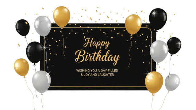 Elegant birthday greeting banner design with festive balloons and golden confetti for a joyous celebration