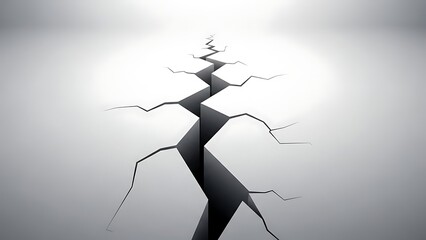 Deep, jagged crack splitting a smooth, light gray surface, symbolizing disaster, fracture, or geological fault line in a minimalist 3d rendering