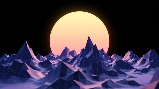 A low-poly mountain range silhouetted against a setting sun on a black background