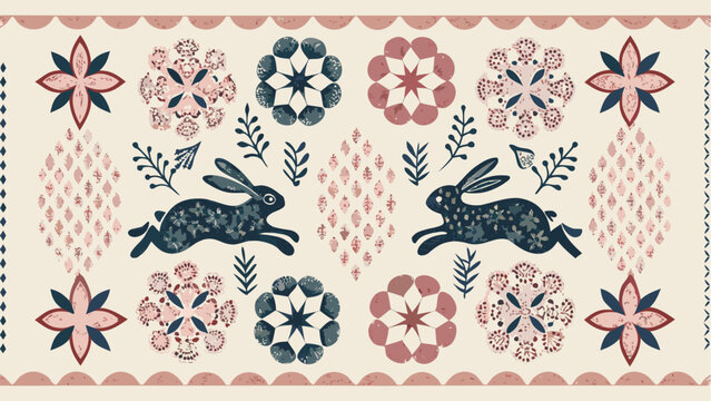 Whimsical folk art pattern with leaping rabbits and floral motifs, perfect for charming textile designs and vintage-inspired creative projects
