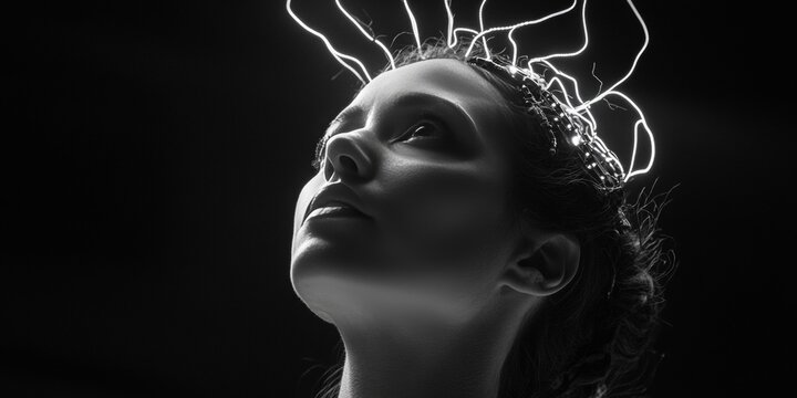 The image captures a woman with an artistic depiction of electronic circuitry on her head. The background is dark, focusing attention on the intriguing design.
