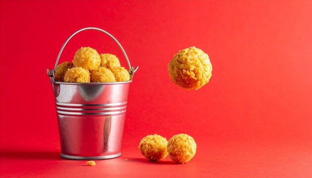 Silver bucket filled with caramel popcorn balls placed on vibrant red background with bold contrast