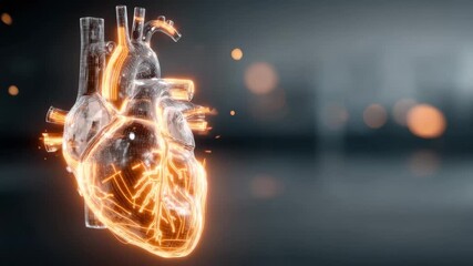 Realistic 3D heart model glowing with light on a dark background illustrating human anatomy and vitality in a modern digital style - Powered by Adobe