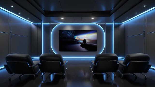 Modern home theater showcases sleek minimalist architecture surrounding expansive curved OLED display with cinematic lighting