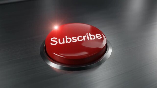 Glossy red subscribe button appears on metallic surface reflecting subtle highlights creating modern sleek social