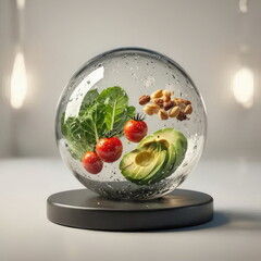 A modern 3D still life of healthy salad ingredients displayed inside a floating transparent sphere, symbolizing freshness, nutrition, and clean living.