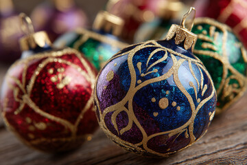christmas ornament bauble decoration glitter blue close wooden surface gold details festive holiday tree decor shiny glass ball bright seasonal celebration