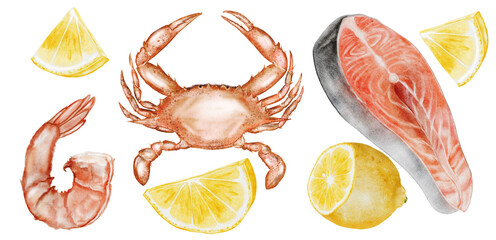 Seafood watercolor set. Hand-drawn crab, shrimp, and fish steak with lemons on a white background. Food clip art. Perfect for cookbook designs, blogs, and seafood stores.