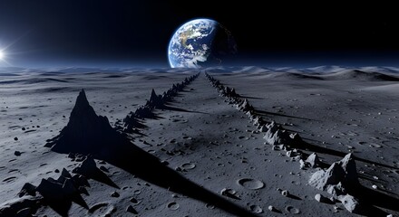 Earthrise over a lunar landscape with jagged peaks
